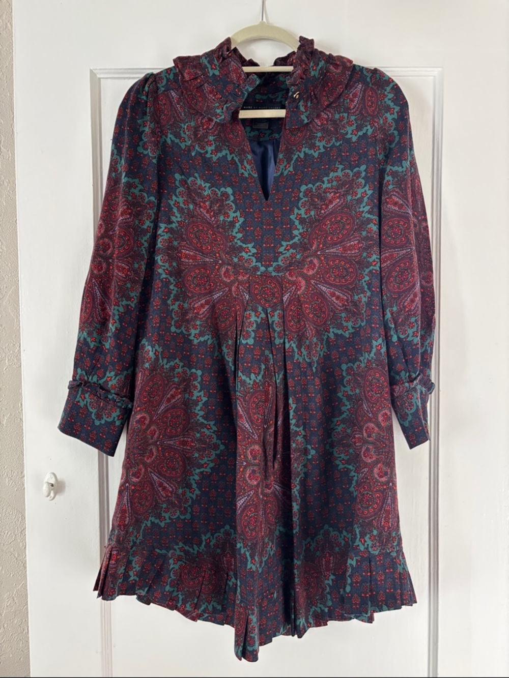 Marc‎ By Marc Jacobs Navy, Burgundy & Teal Paisley Long-Sleeve Wool Ruffle Dress